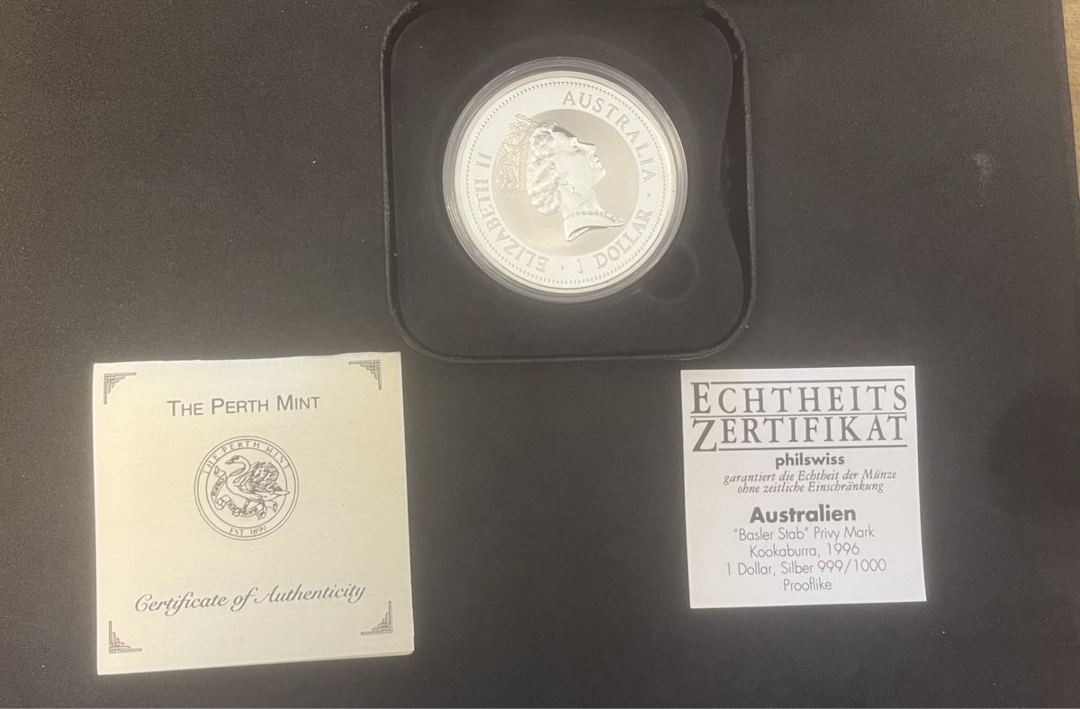 Tutti le monete: Australien 1996 Kookaburra 1oz Silber Privymark Basler Stab – Nuovo (secondo la descrizione) da Untersiggenthal venduto da Panjshir 3