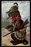 A. Thiele: Dackel als Jäger mit Gewehr,