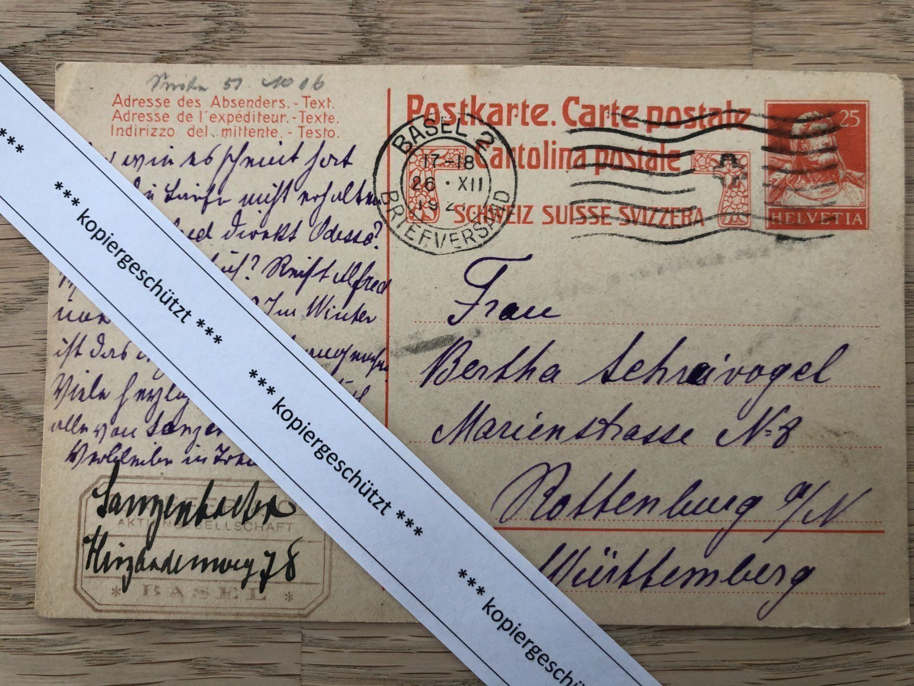 Cartoline postali: 26.12.1921 alte PK Basel - Deutschland – Usato da Hefenhofen venduto da Bierinder