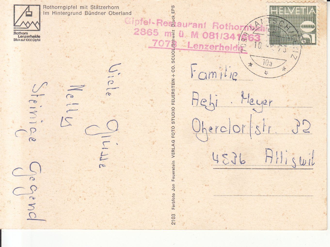 Cartoline postali: Rothorngipfel 1973 – Usato da Bürglen TG venduto da StampGraf 1