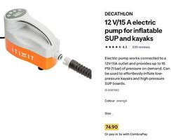 12 V/15 A electric pump for inflatable SUP and kayaks