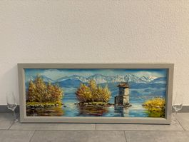 107.5 cm breitx 42.5 cm hoch Ölgemälde See Berge idyllisch