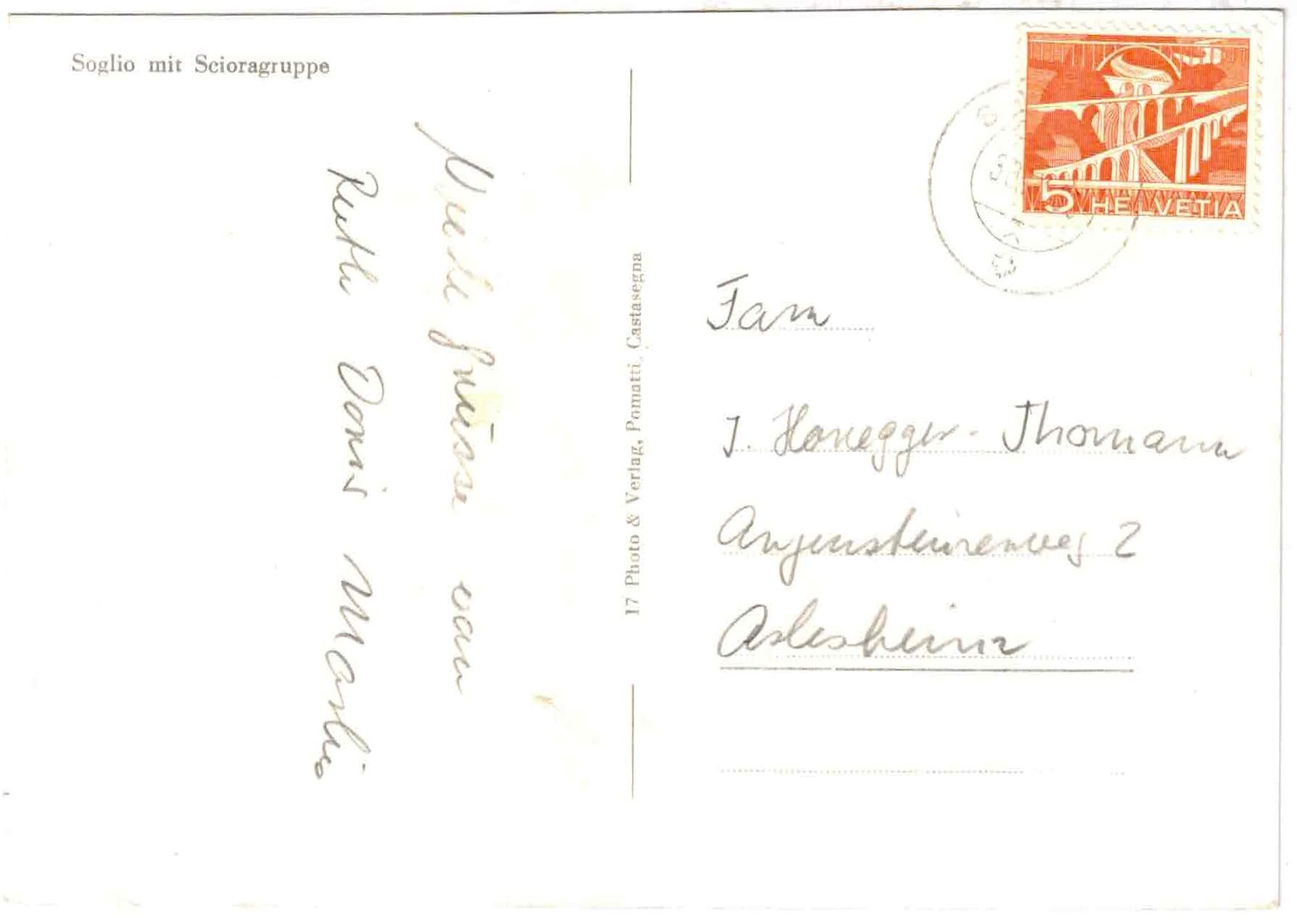 Ansichtskarten: SOGLIO mit Scioragruppe ca. 1955 (GR) – Gebraucht aus Oberdorf BL von Hopfehuepfer 1