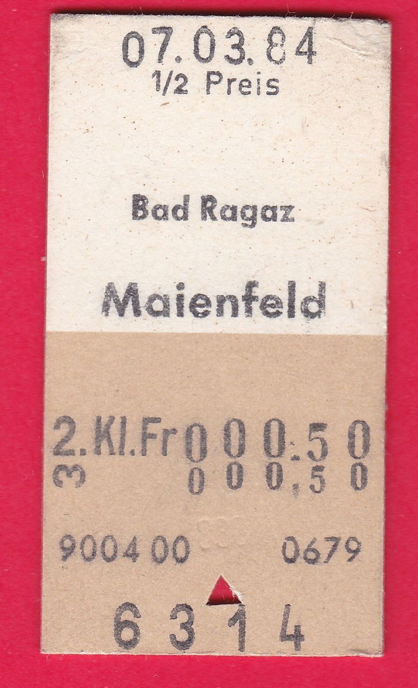 Biglietti: KARTON BILLETTE, BAD RAGAZ - MAIENFELD,2.KLASSE,EINFACH,HALB – Usato da Oberrieden venduto da Gebirgsstelze