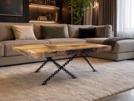 Couchtisch Massivholz -Nussbaum Baumkante Kette Gestell neu