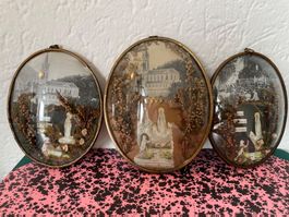 3 Stk Antike Klosterarbeiten Ex Voto aus Lourdes, ca 1900