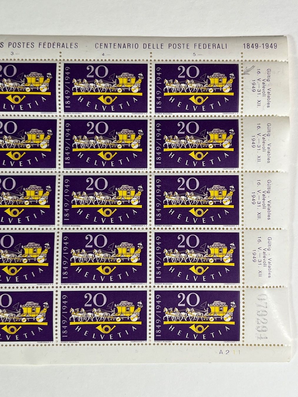 Tutti i francobolli: Briefmarke 1949 Bogen eidgenössische Post mit Abart – Usato da Wollerau venduto da Sammler-Ecke 2