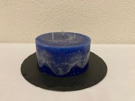 Kerze 3-Docht, dunkelblau Raureif, ca. 7,5 x 15 cm