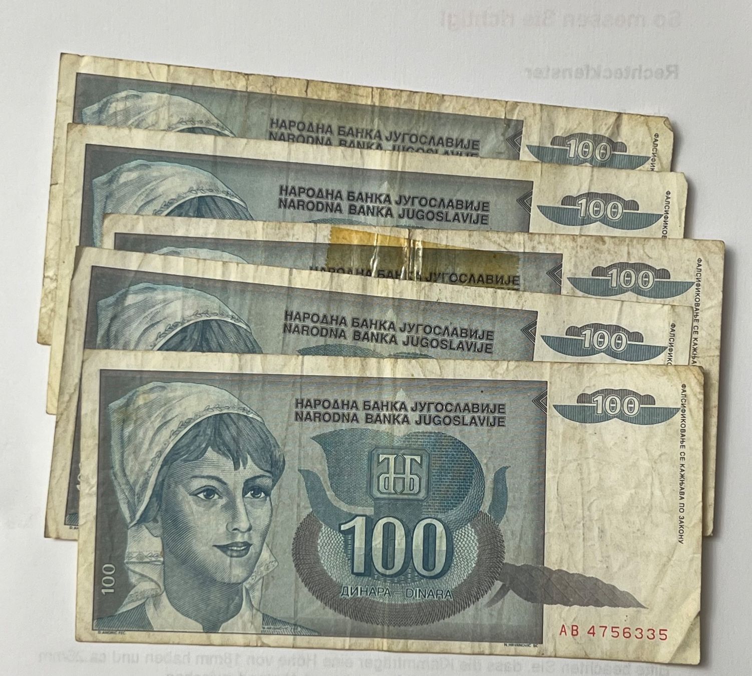 Banconote: 100 Dinar Jugoslavien Belgrad 5 Stück – Usato da Vaduz venduto da Vella007