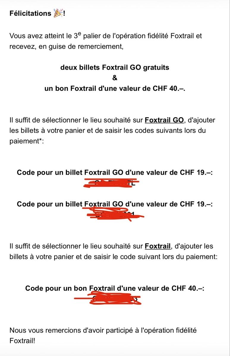 Gutscheine: Bons Foxtrail: 2 billets GO + 1 bon CHF 40 – Neu (gemäss Beschreibung) aus Villiers von vins.paillard
