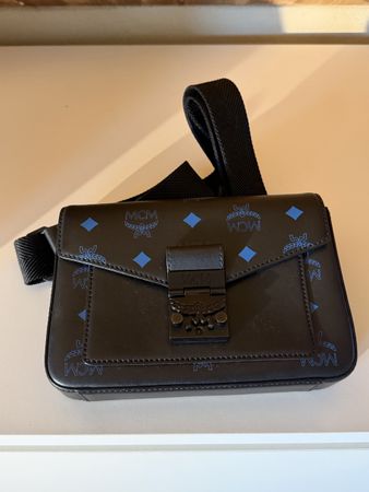 MCM Belt Bag Black Monogram Blue Used
