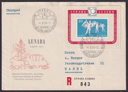 W32 auf Brief, LUNABA Block Luzern 1951, Kat: 200.-
