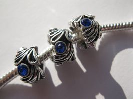 2 Metallperlen, Grosslochperlen, Beads altsilber, d'blau
