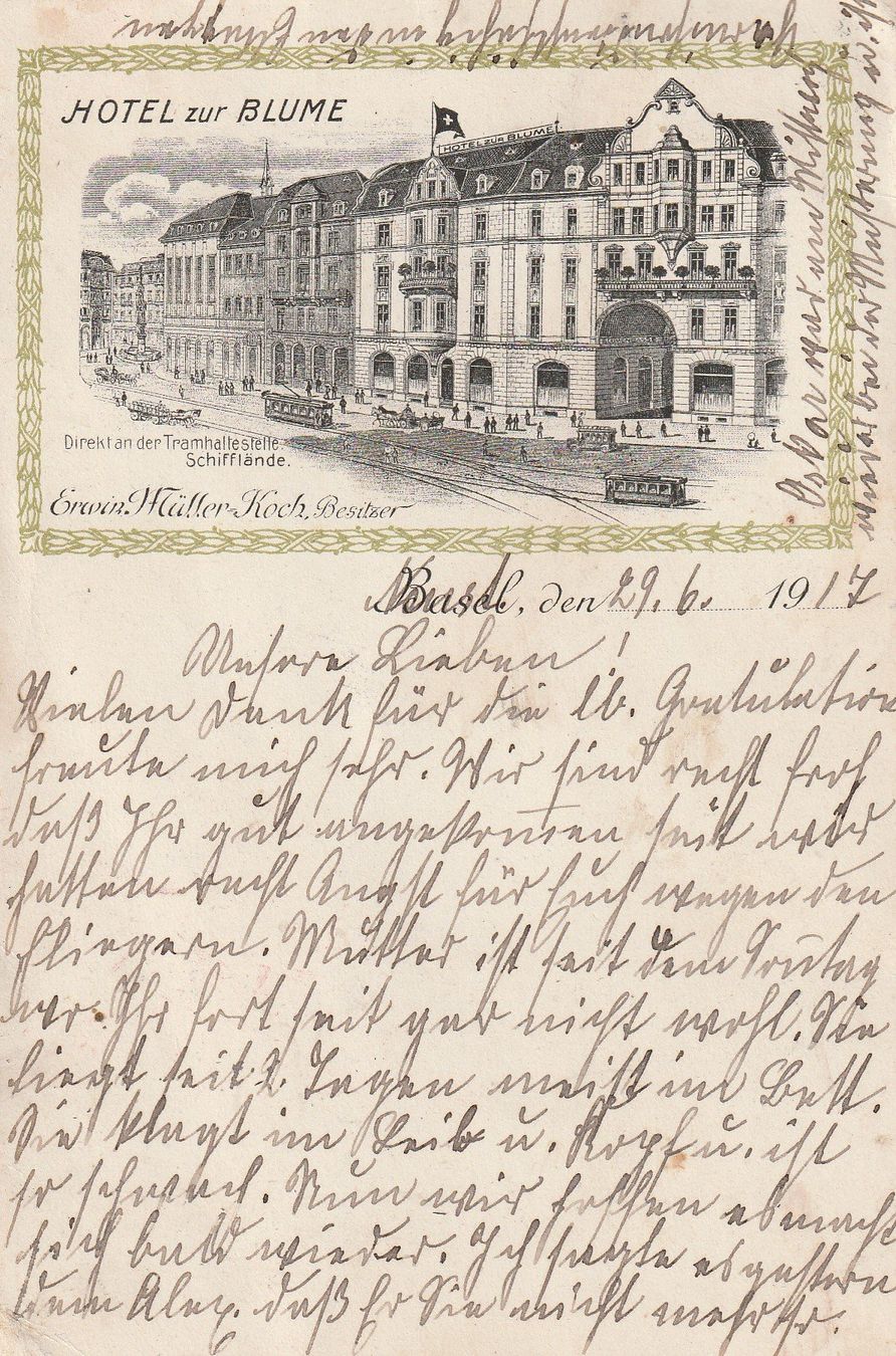 Cartoline postali: Basel-Hotel zur Blume-Litho 1917 – Usato da uttwil venduto da Koehlerfred