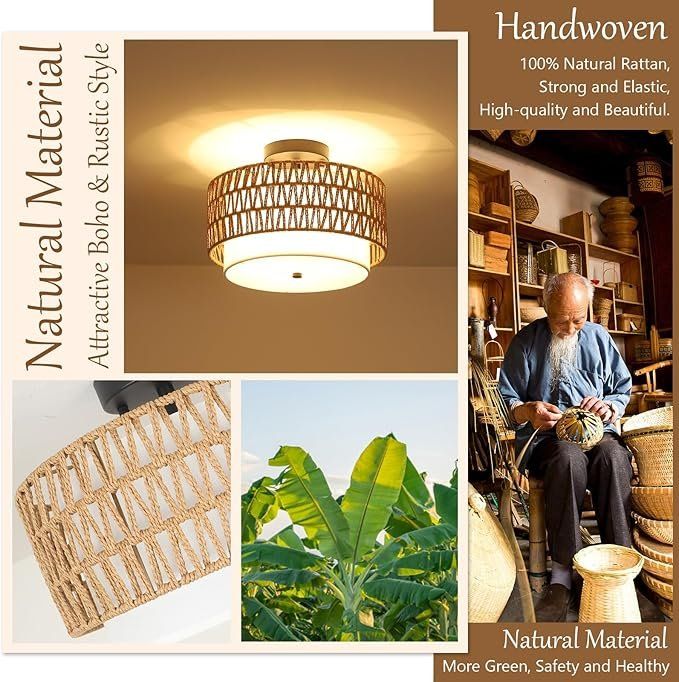 Lampadari & plafoniere: Deckenlampe Deckenleuchte Rattan Leinenschirm E27 rustikal – Nuovo e nell'imballaggio originale da Herisau venduto da Serenco 2