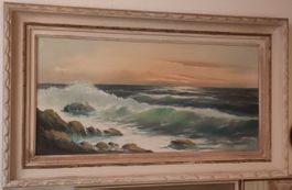 Ölgemälde Meer mit Felsen in schönem Rahmen, Vintage Look