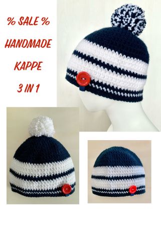 Kappe 3 in 1 mit oder ohne Bommel tragbar, Handarbeit