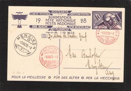 FDC Bundesfeierkarte 1928,Flug La Chaux de Fonds - Genf ,rot
