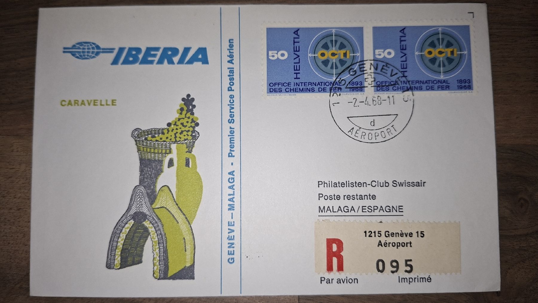 Tutti i francobolli: Iberia Geneve - Malaga 02.04.1968 – Usato da Balgach venduto da SIMEON27