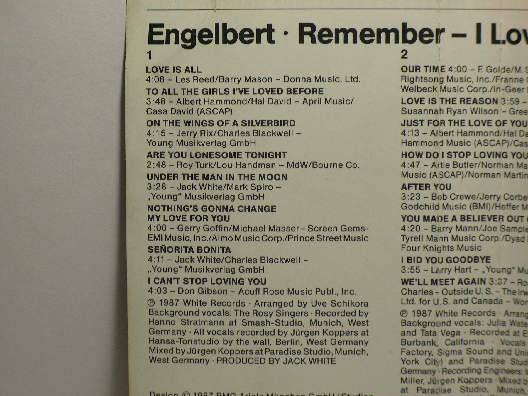 Musicassette: ENGELBERT  Remember   - I Love You – Usato da Langnau i. E. venduto da gf2_29jt 1
