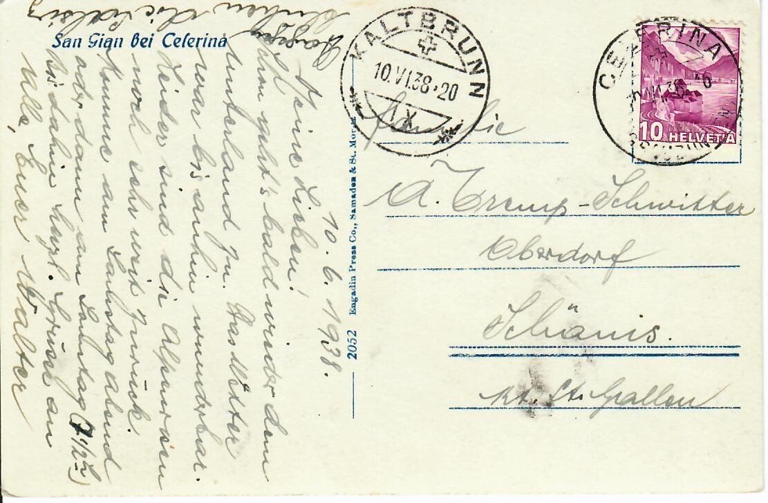 Cartoline postali: San Gian bei Celerina 1938 – Usato da Hochdorf venduto da Ziegel-16 1