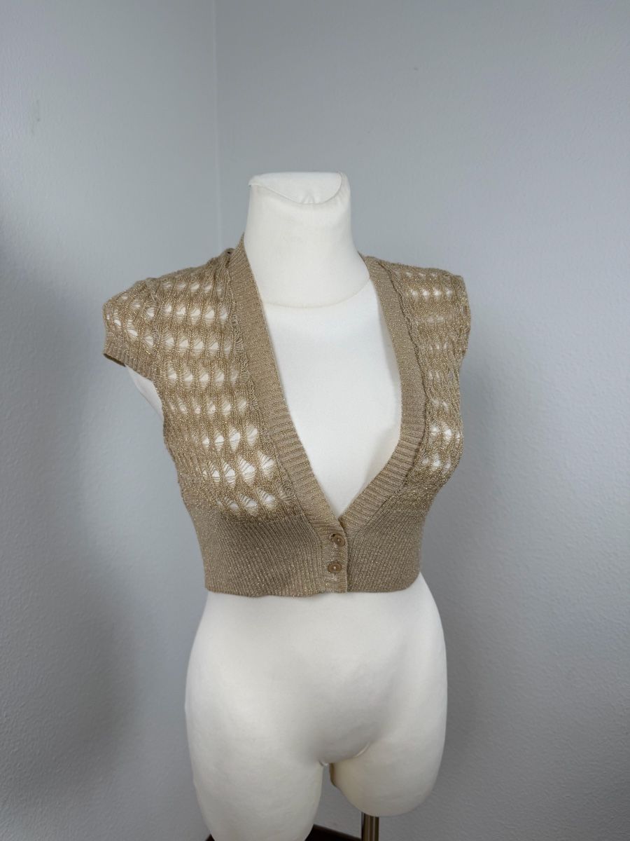 Top: Cute cropped short sleeve cardigan, size Medium, beige – Usato da Knonau venduto da Grapesvintage 8