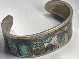 Silber Armreif mit Abalone-Muschel Intarsien, Vintage 💎