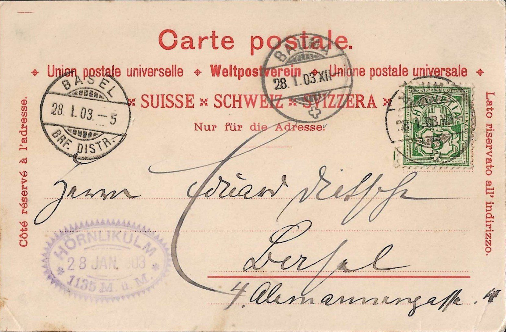 Cartoline postali: Karte Hörnli  1903 – Usato da Zürich venduto da Philacat11 1