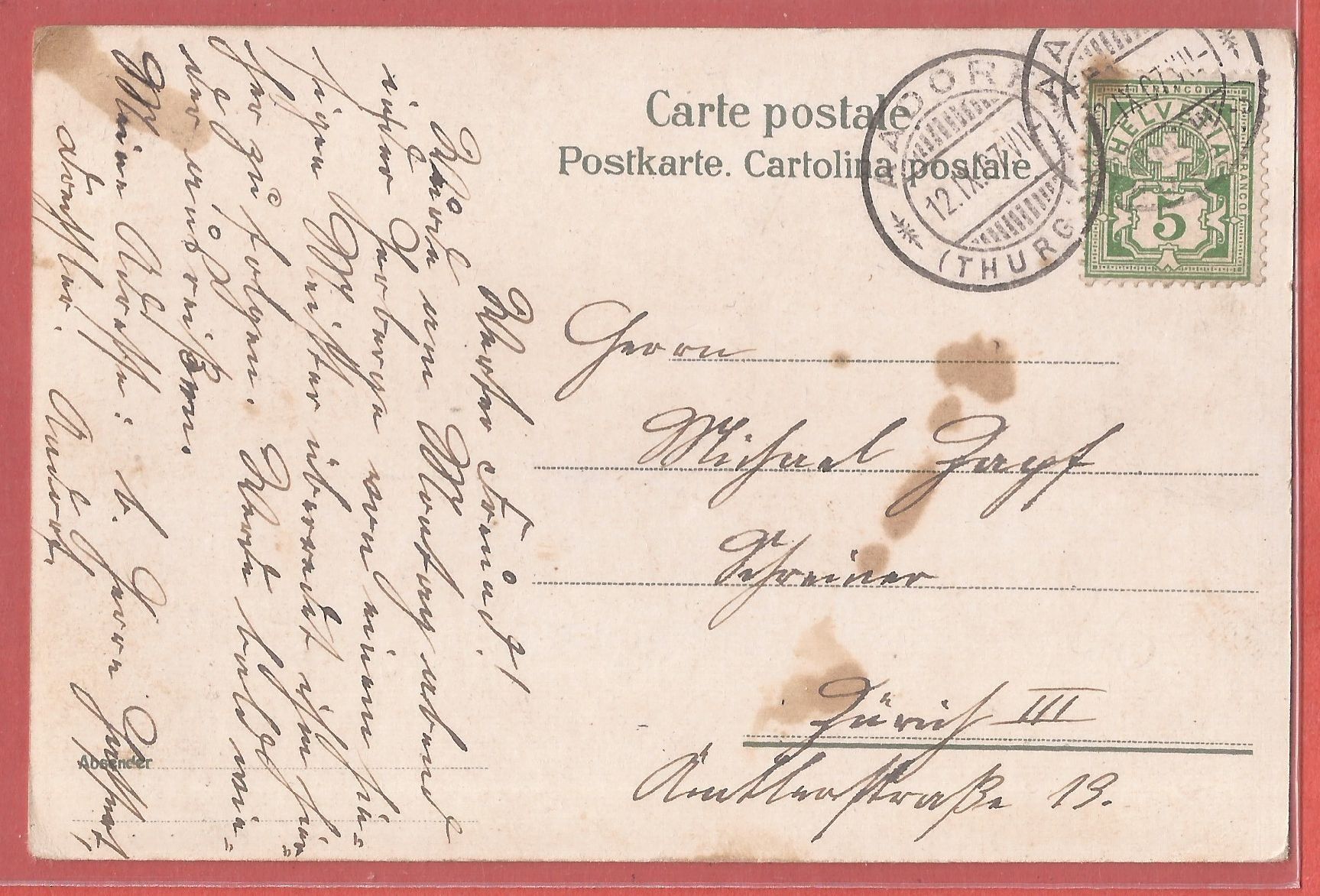Ansichtskarten: Gruss aus Aadorf - 1907 – Gebraucht aus Fislisbach von Porano 1