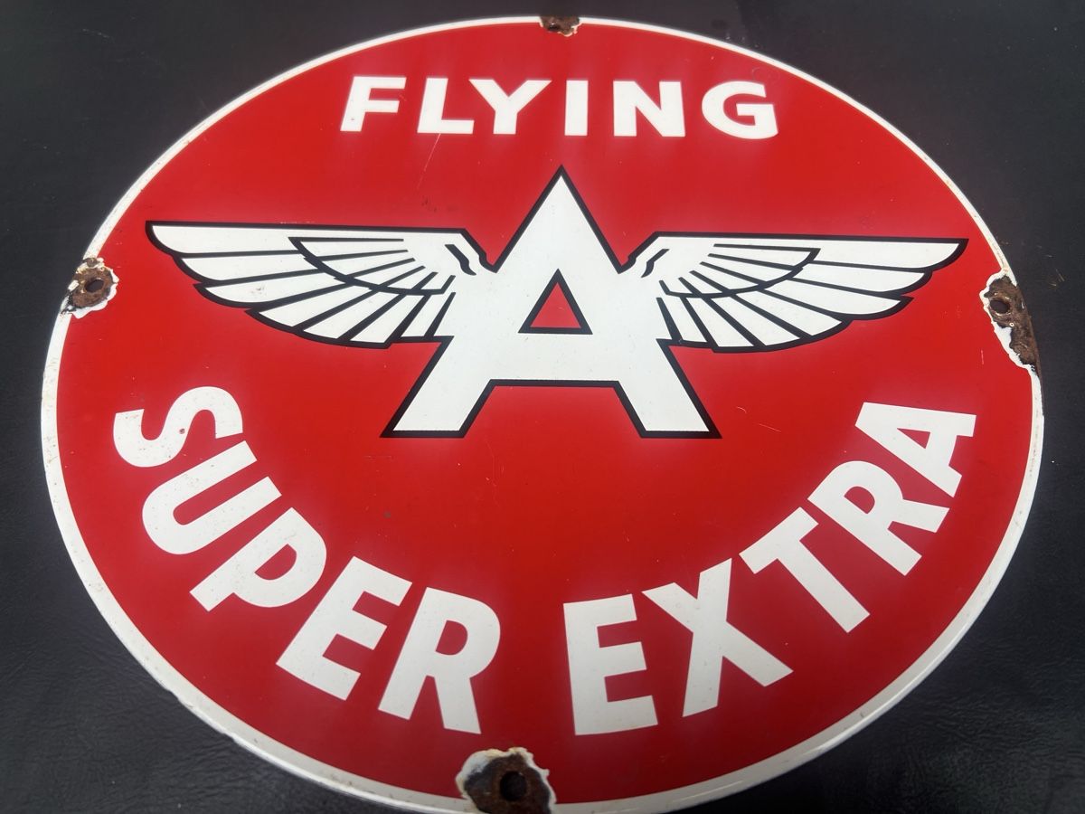 Insegne: Flying A Super Extra Email schild, Durchmesser 20 cm – Usato da Mellingen venduto da Oelquelle