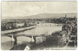 AK Basel Rheinbrücken, gelaufen 1908