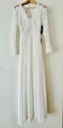 Long sleeve white lace dress, boho style, size XS