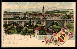 Lithographie Bern, Stadtpanorama mit Brücke und Wappen