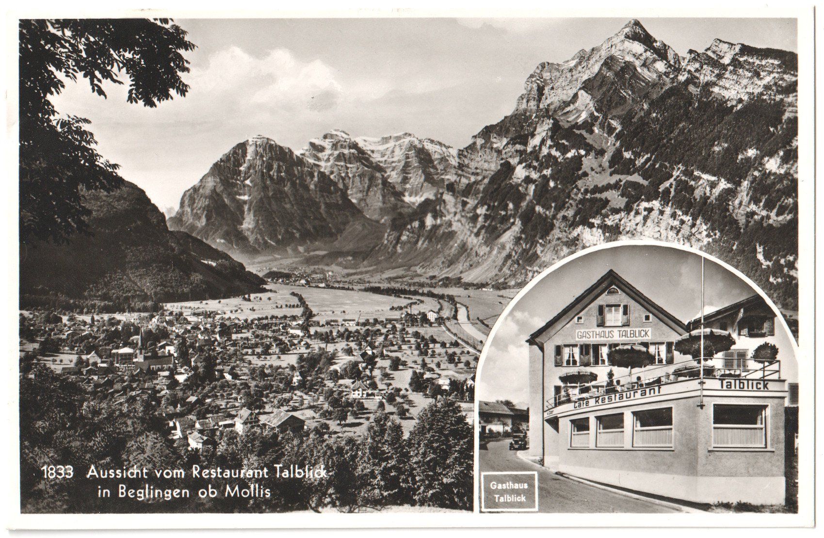 Cartes postales: MOLLIS: Gasthaus Talblick mit Oldtimer, Aussicht Dorf 1937 – D'occasion à Engelburg par Swisscards 1