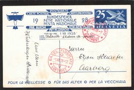 FDC Bundesfeierkarte 1928 Nr. 47l,Flug Zürich  - Basel .,rot