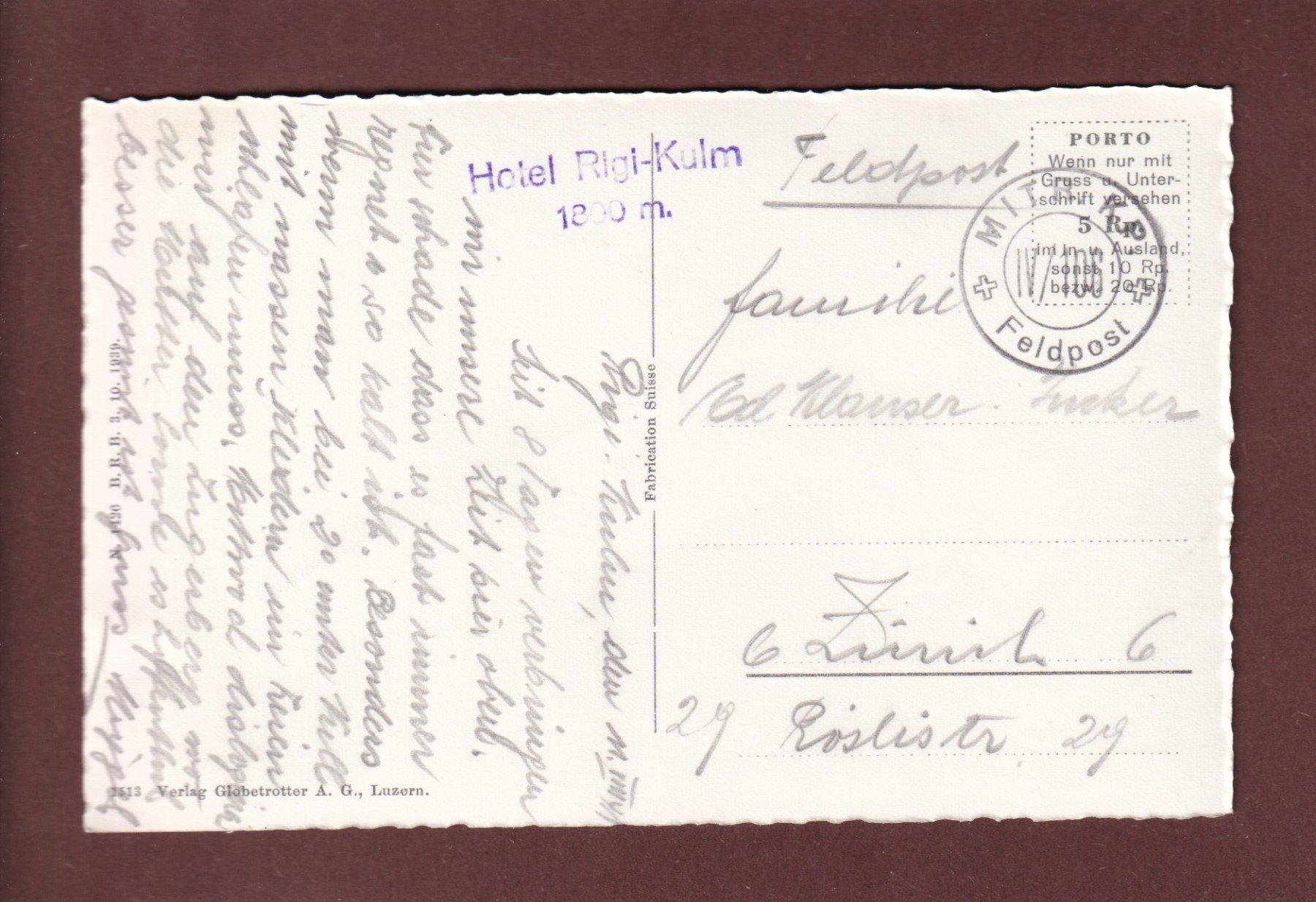 Cartoline postali: Grand Hotel RIGI-KULM - 1941 Feldpost – Usato da Pully venduto da nicecards 1