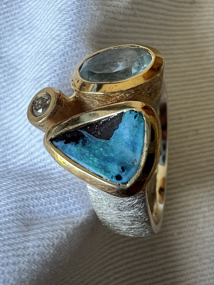 Anelli: 925 Silberring mit Aquamarin, Opal & Diamant | Handarbeit – Usato da Bolligen venduto da Solina12 2