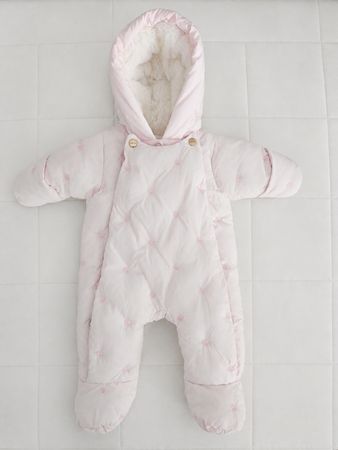 Baby Snowsuit Pink Quilted with Bows Lined Hood Size 60