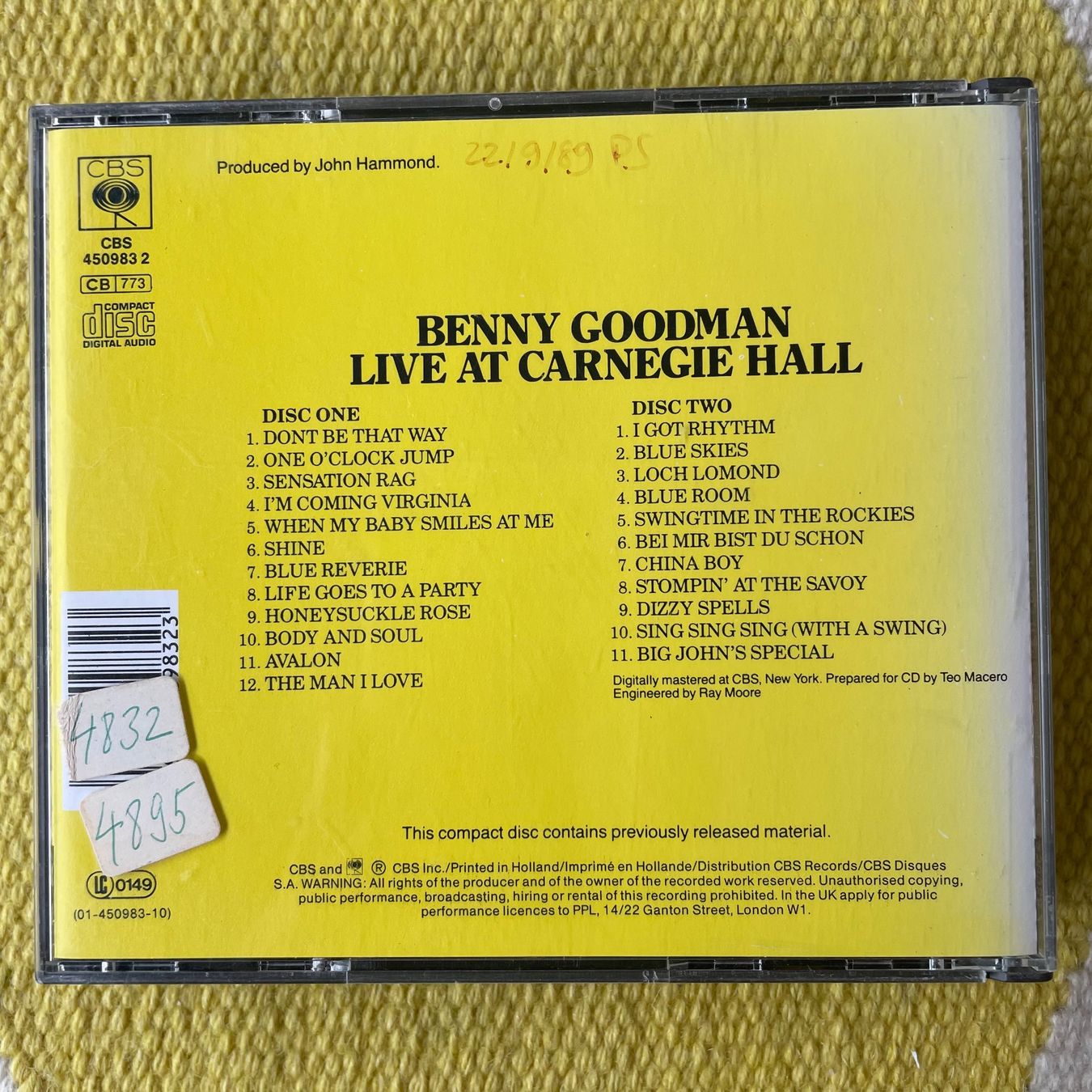CD: BENNY GOODMAN-2CD LIVE AT THE CARNEGIE HALL – Usato da Rorschacherberg venduto da CD-Roli 1