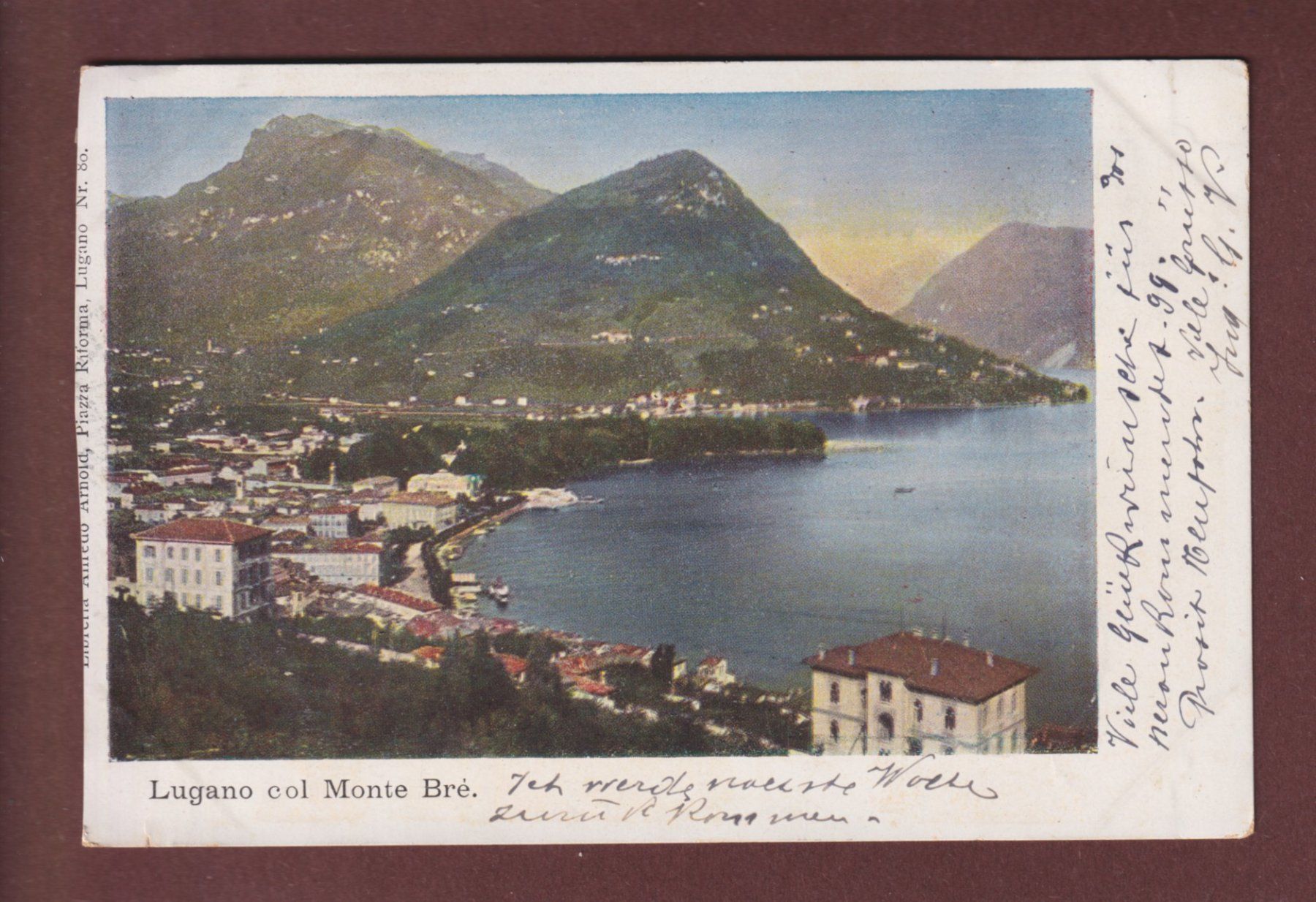 Cartoline postali: LUGANO col Monte Brè - 1898 – Usato da Pully venduto da nicecards