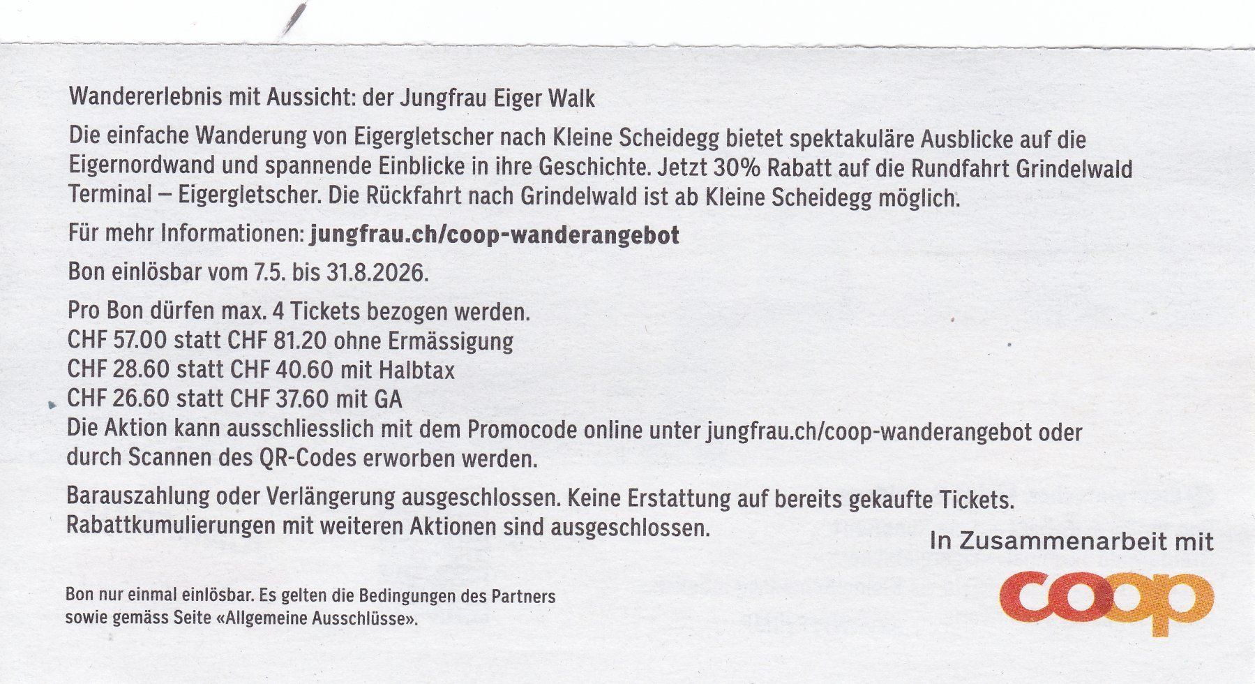 Buoni: 30% Rabatt - Grindelwald - Eigergletscher - Kleine Scheidegg – Nuovo (secondo la descrizione) da Brunnadern venduto da vapiano 1