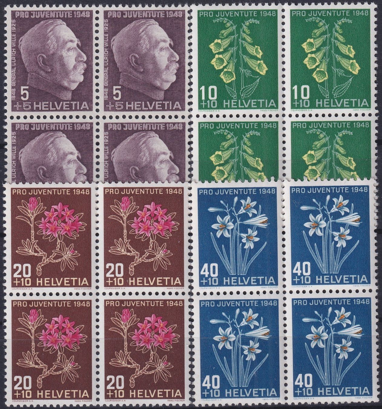 Tutti i francobolli: 1948, J125-J128 im Viererblock ** postfrisch, Kat: 28.-+ – Usato da Sursee venduto da Luzernerraute