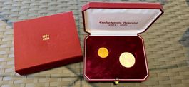 Schweizer Goldmünze 250 Fr. und 20 Fr. Silbermünze im Etui