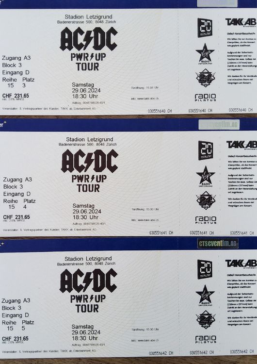 3x AC/DC Sitzplätze Tickets Zürich (Gute Plätze/Sicht) | Acheter sur ...