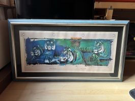 Bild Tiger Motiv mit Holzrahmen blau silber gerahmt