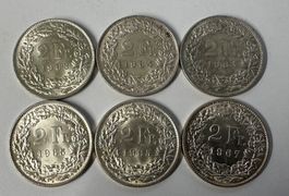 2 Fr. SILBERMÜNZEN SCHWEIZ, 6 STÜCK, Jg. 1963-64-64-65-65-67