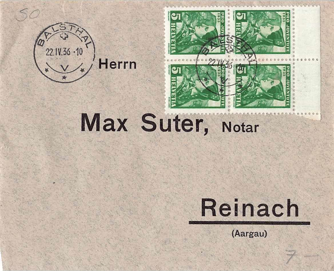 Tutti i francobolli: Antwort-Brief PRO JUVENTUTE 1936 BALSTHAL – Usato da Winterthur venduto da SchatzchischtliWinti
