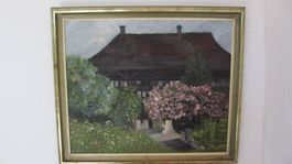 DAS SCHWARZE HAUS - Herisau Appenzell Stoffdruck GOLDRAHMEN