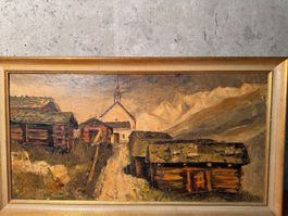 Huile sur toile, paysage de montagne, église, chalets,