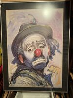Peinture originale clown triste, signée, encadrée 92